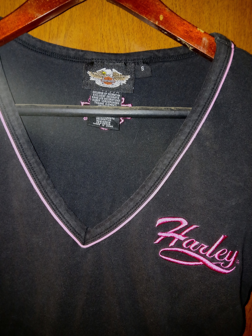 Harley-Davidson Women’s Black V-Neck Tee with Pink Trim